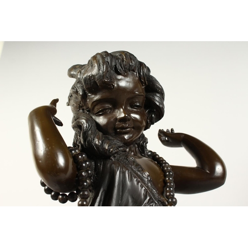 1258 - ADRIANO CECIONI (1838 - 1886) ITALIAN A SUPERB BRONZE OF A LITTLE GIRL, a string of pearl around her... 