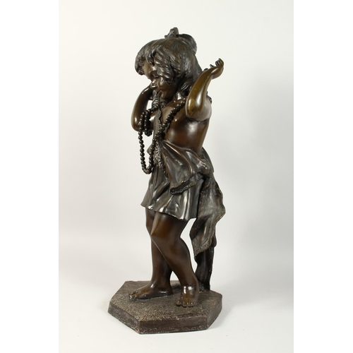 1258 - ADRIANO CECIONI (1838 - 1886) ITALIAN A SUPERB BRONZE OF A LITTLE GIRL, a string of pearl around her... 