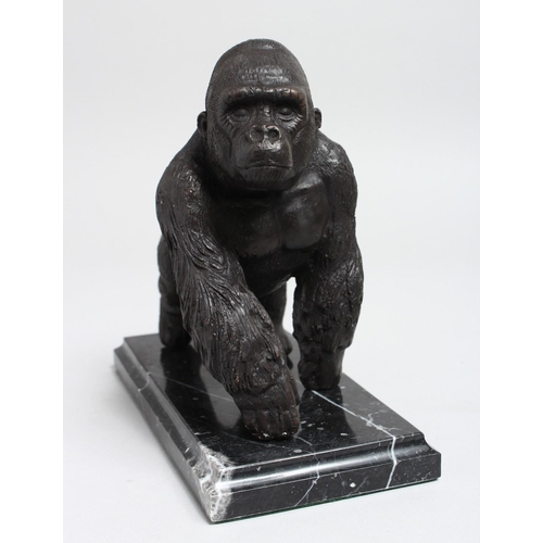 1265 - A BRONZE MODEL OF A GORILLA on all fours, on a marble base. 8ins long.