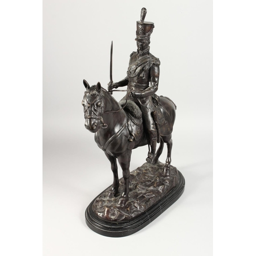 1280 - J. R. SKEAPING (1901-1980) ENGLISH A BRONZE GROUP OF A FRENCH HUSSAR ON HORSEBACK, on a marble base.... 