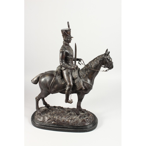 1280 - J. R. SKEAPING (1901-1980) ENGLISH A BRONZE GROUP OF A FRENCH HUSSAR ON HORSEBACK, on a marble base.... 