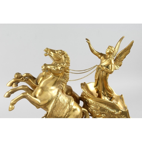 1296 - AN IMPRESSIVE VICTORIAN STYLE GILT BRONZE MANTLE CLOCK  the case surrounded with a horse and charrio... 