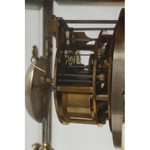 1299 - A BRASS FOUR GLASS MANTLE CLOCK with eight day movement striking on a bell, enamel dial with Roman n... 