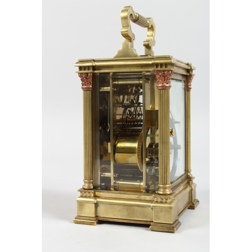 1301 - A GOOD GOLDSMITHS & SILVERSMITHS BRASS CARRIAGE CLOCK with repeat action and column supports. 6ins h... 