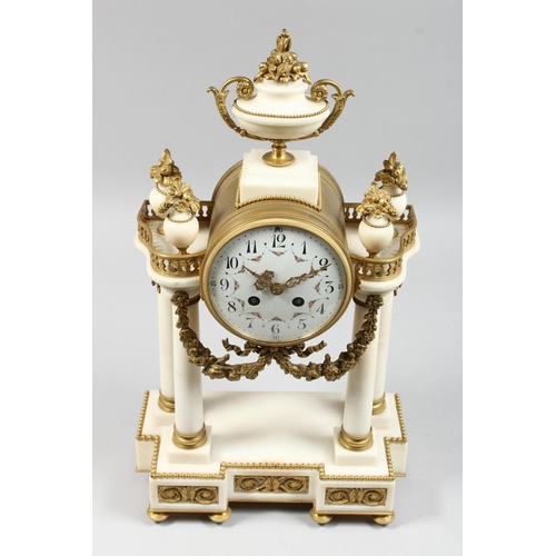 1303 - A GOOD 19TH CENTURY FRENCH WHITE MARBLE AND ORMOLU PORTICO MANTLE CLOCK with a brass drum shape eigh... 