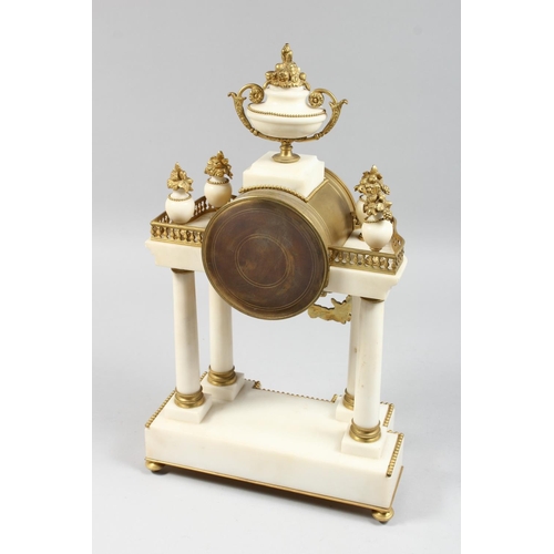 1303 - A GOOD 19TH CENTURY FRENCH WHITE MARBLE AND ORMOLU PORTICO MANTLE CLOCK with a brass drum shape eigh... 