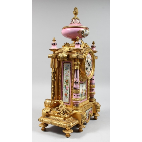 1305 - A GOOD 19TH CENTURY FRENCH ORMOLU AND PORCELAIN MANTLE CLOCK with eight day movement striking on a b... 