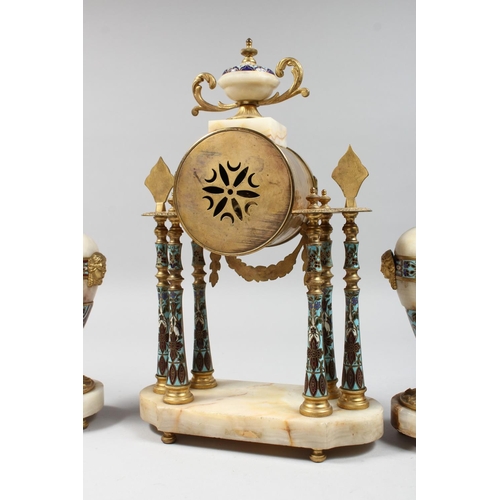 1306 - A 19TH CENTURY FRENCH MARBLE ORMOLU AND CHAMPLEVE ENAMEL CLOCK GARNITURE, the clock with eight day m... 