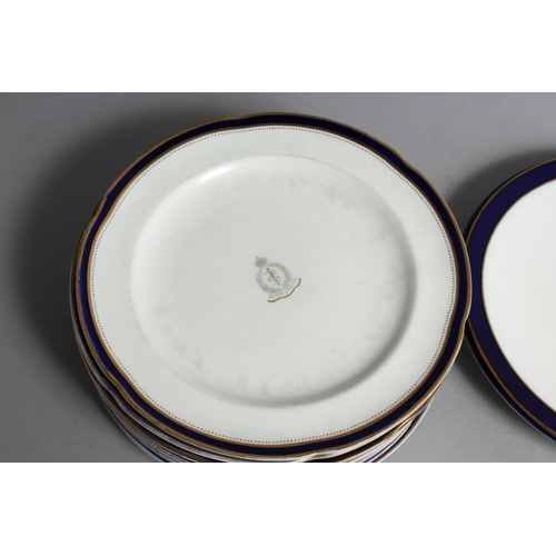 1327 - A SET OF ELEVEN R A M C BLUE EDGED PLATES, 9ins diameter and a quantity of dessert and dinner knives... 