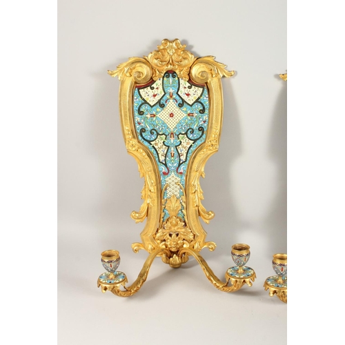 1336 - A SUPERB PAIR OF FRENCH, ORMOLU AND ENAMEL TWO LIGHT WALL SCONCES WITH ACANTHUS AND SCROLLS 22ins lo... 