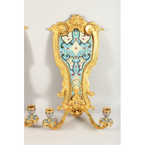 1336 - A SUPERB PAIR OF FRENCH, ORMOLU AND ENAMEL TWO LIGHT WALL SCONCES WITH ACANTHUS AND SCROLLS 22ins lo... 