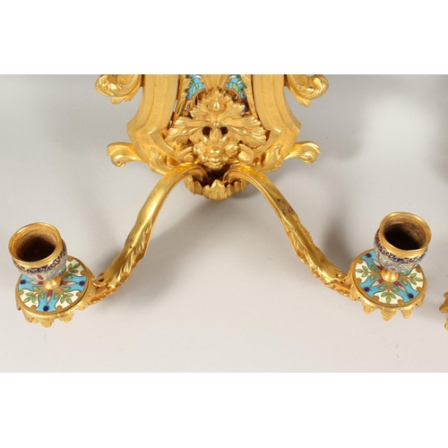 1336 - A SUPERB PAIR OF FRENCH, ORMOLU AND ENAMEL TWO LIGHT WALL SCONCES WITH ACANTHUS AND SCROLLS 22ins lo... 