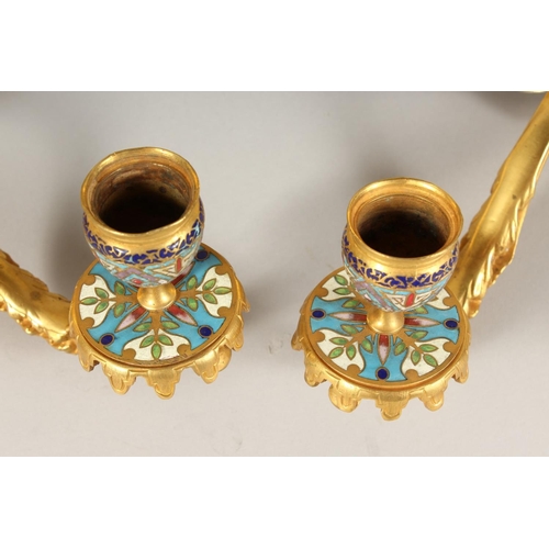 1336 - A SUPERB PAIR OF FRENCH, ORMOLU AND ENAMEL TWO LIGHT WALL SCONCES WITH ACANTHUS AND SCROLLS 22ins lo... 