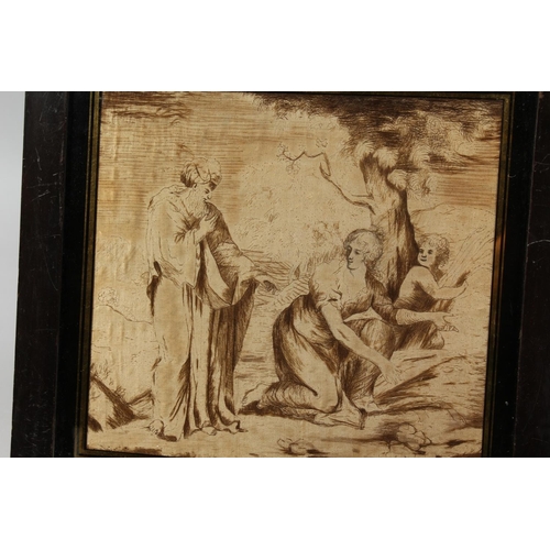 1337 - AFTER CIPRIANI A SILK THREAD OF A REMBRANT TYPE SCENE, framed and glazed .9ins x 10ins.