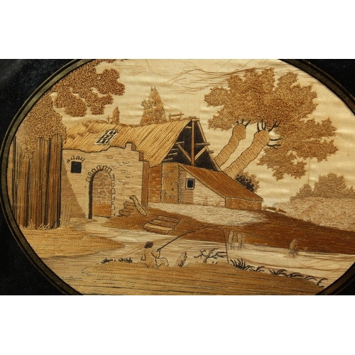 1339 - A GEORGIAN OVAL FRAMED AND GLAZED SILKWORK PICTURE  of a man fishing with stream, buildings and tree... 