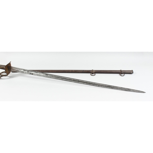 1345 - A FRENCH 1811 KLINGENTHAL CURASSIER SWORD AND SCABBARD, with double fullered taping straight balde, ... 