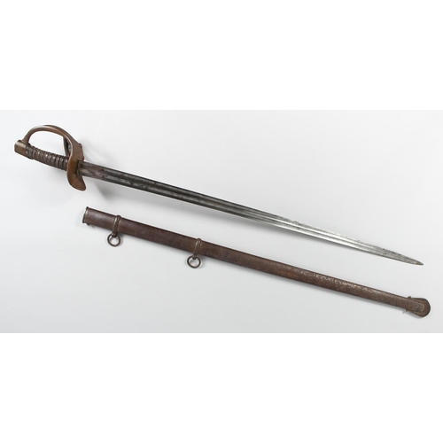 1345 - A FRENCH 1811 KLINGENTHAL CURASSIER SWORD AND SCABBARD, with double fullered taping straight balde, ... 