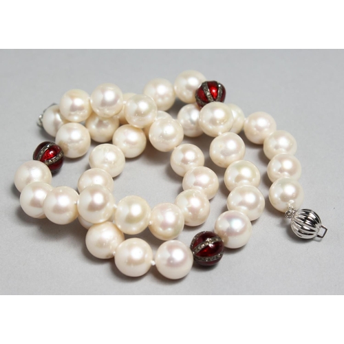 1704 - A PEARL NECKLACE INTERSPERSED WITH ENAMEL AND DIAMOND BEADS,  18ins long.