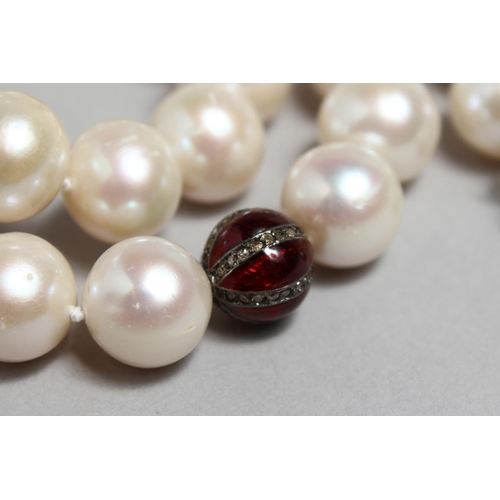 1704 - A PEARL NECKLACE INTERSPERSED WITH ENAMEL AND DIAMOND BEADS,  18ins long.