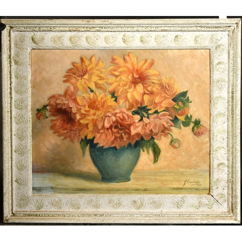 1002 - J. Camiade, Circa 1938, French School, a still life of colourful flowers in a green vase, oil on boa... 