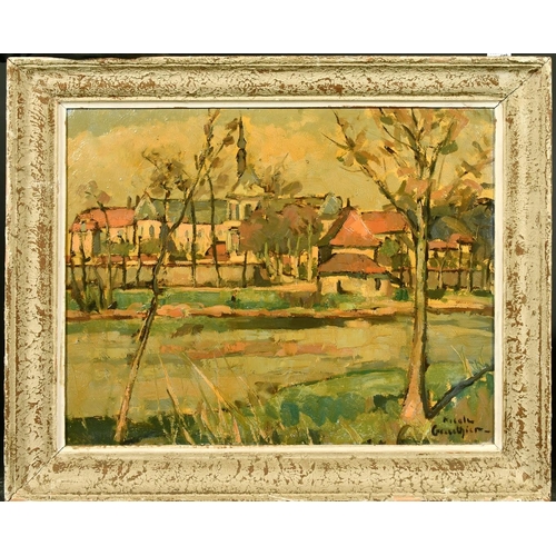 1004 - Nicole Gauthier, mid-20th Century French School, a view of a village across a river, oil on board, 1... 