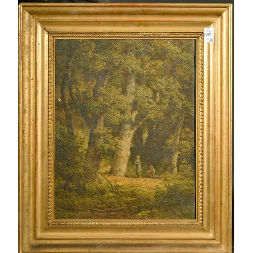 1007 - 19th century French School, figures gathering items in a woodland glade, oil on canvas, indistinctly... 