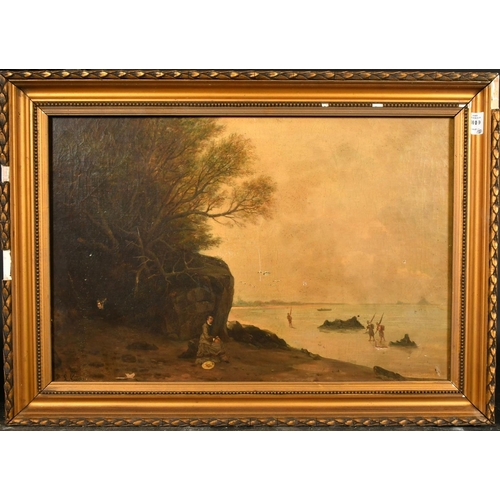 1010 - 19th Century Continental School, a female figure waiting on a sandy cove, oil on canvas, signed with... 