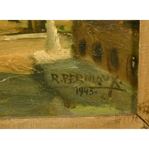 1013 - R.Perniaux, circa 1943, French School, a view outside a country house, oil on panel, signed, 10.5