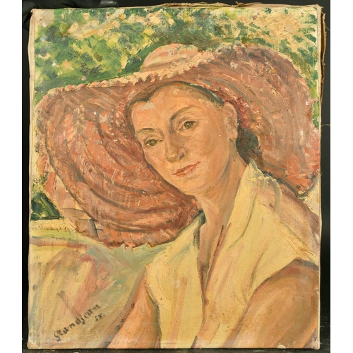 1017 - Grandjean, Circa 1958, French School, a head and shoulders portrait of a lady in a sunhat, oil on ca... 