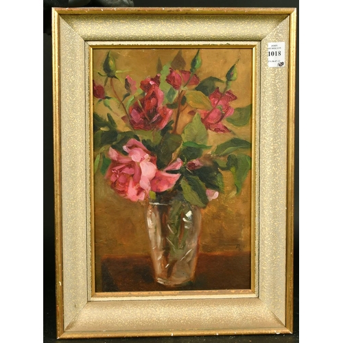 1018 - Mid 20th Century French School, a study of pink roses in a glass vase, oil on board, signed, 13