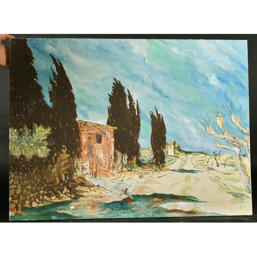 1020 - Mid-20th Century French School, a pathway in a Southern Landscape, oil on canvas, indistinctly signe... 