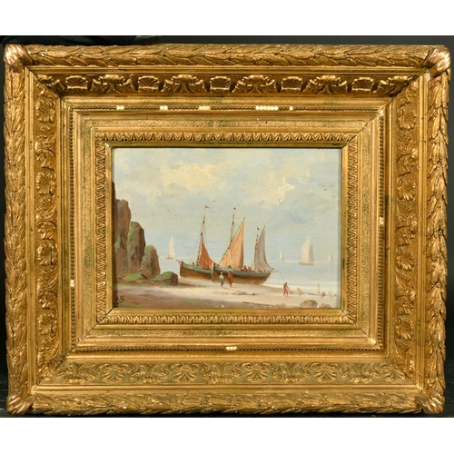 1021 - Early 20th Century School, figures on a beach, oil on panel, signed with initials, 6.25