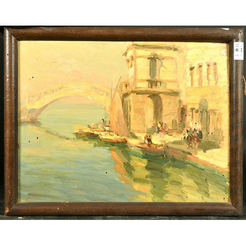 1032 - 20th Century Impressionist School, figures and boats on a Venetian quay, oil on panel, 11.75