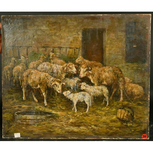 1034 - Barbizon School, a scene of sheep in a barn, oil on canvas, signed with initials, 18