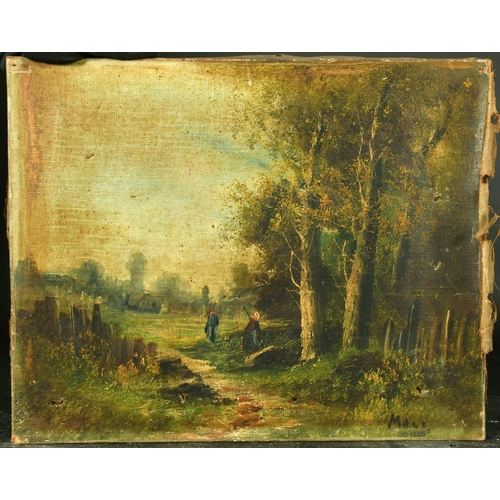 1041 - 19th Century French School, an unframed oil of figures in a woodland glade, 13