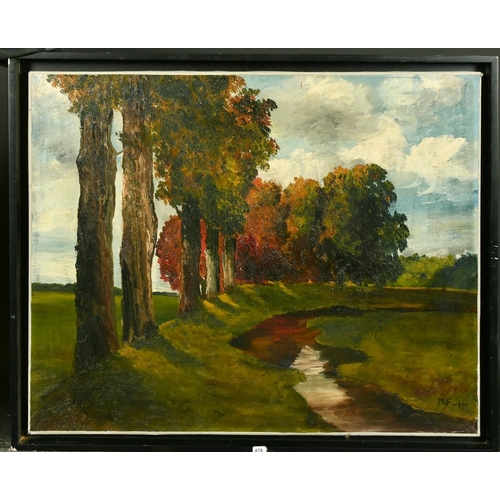 1044 - 20th Century French School, an autumnal river landscape, oil on canvas, indistinctly signed, 23.5