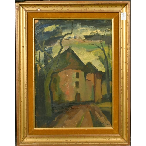 1048 - Mid-20th Century French School, a view of a village road, oil on board, indistinctly signed, 18