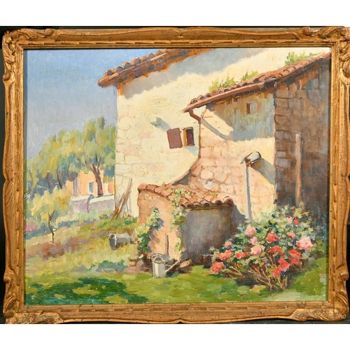 1049 - 20th Century French School, a summer view of farm buildings, oil on board, 15