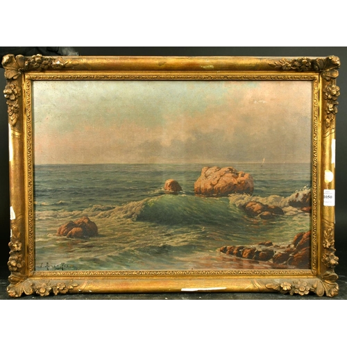 1050 - Eugene Rene-His, a coastal scene of waves breaking over rocks, oil on canvas, signed, 15