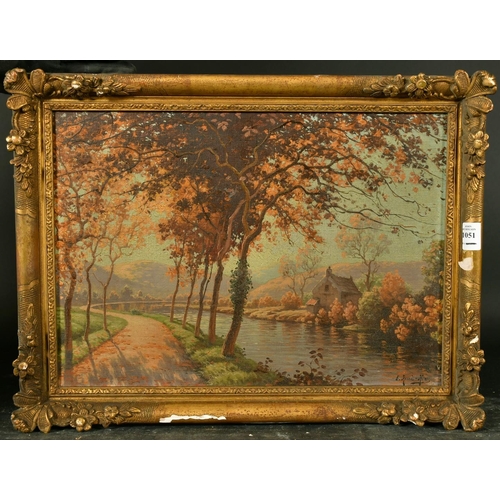 1051 - Eugene Rene-His, a autumnal river landscape, oil on canvas, signed, 13