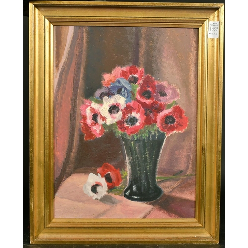 1057 - Mid-20th Century French School, a still life of flowers in a green vase, oil on board, 15