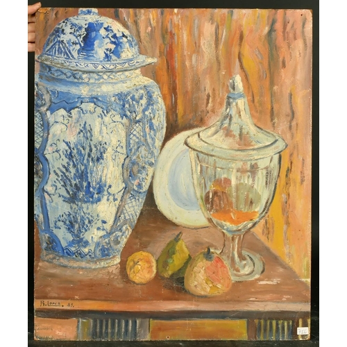 1058 - A Loncz, Circa 1949, an unframed oil on board still life of mixed objects, signed and dated, 20.5