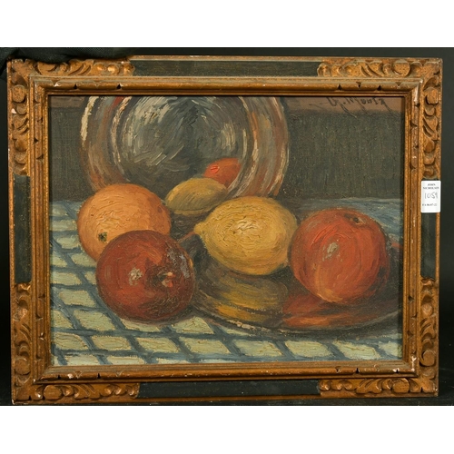 1059 - Mid-20th Century French School, a still life study of fruit on a platter, oil on canvas, indistinctl... 