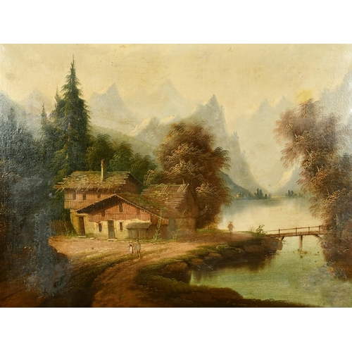 1064 - 19th Century French School, A pair of oils on canvas scenes of figures by a river with mountains bey... 