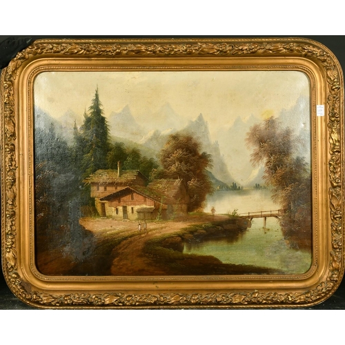 1064 - 19th Century French School, A pair of oils on canvas scenes of figures by a river with mountains bey... 