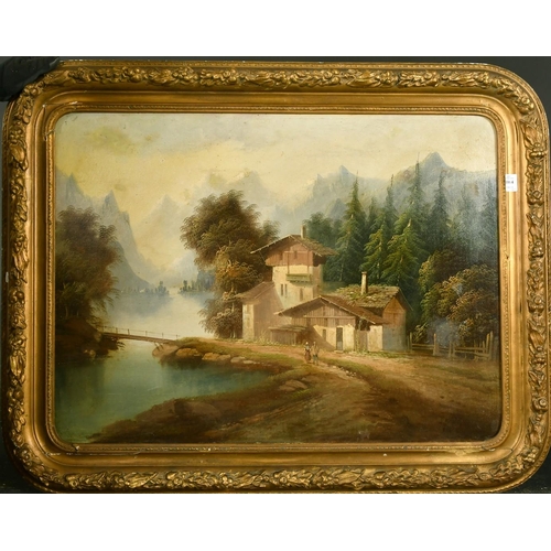 1064 - 19th Century French School, A pair of oils on canvas scenes of figures by a river with mountains bey... 