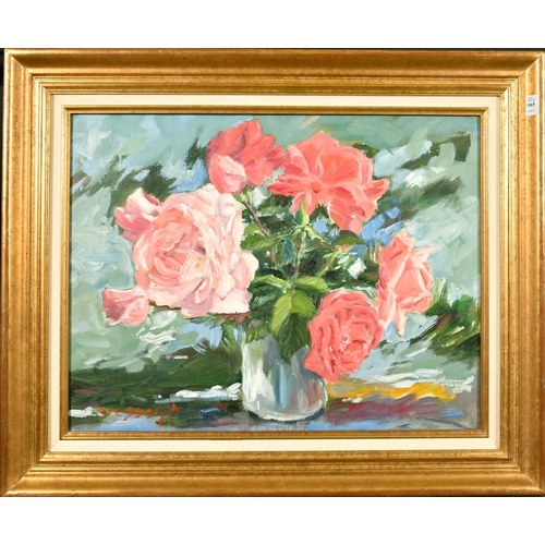 1065 - Cressent, 20th century French, a still life of pink flowers, oil on canvas, signed, 19.75