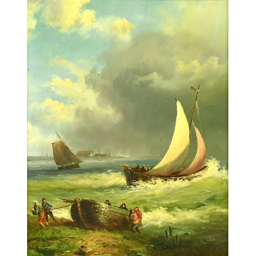 1070 - 20th Century School, figures pulling a boat up a beach, oil on panel, 9.75