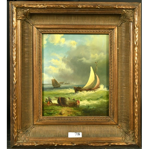 1070 - 20th Century School, figures pulling a boat up a beach, oil on panel, 9.75