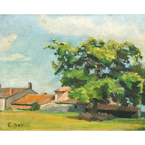 1073 - C. Delleil, Circa 1933, buildings in a summer landscape, oil on panel, signed and inscribed verso, 1... 